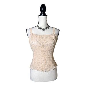 Y2K Tahari Champagne Nude Sheer Silk Beaded Top Size 8